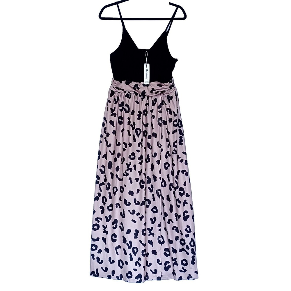 Newshows Women’s M Black/Beige Maxi Dress Crossed Overlay, Split-Front Leopard - Picture 3 of 11